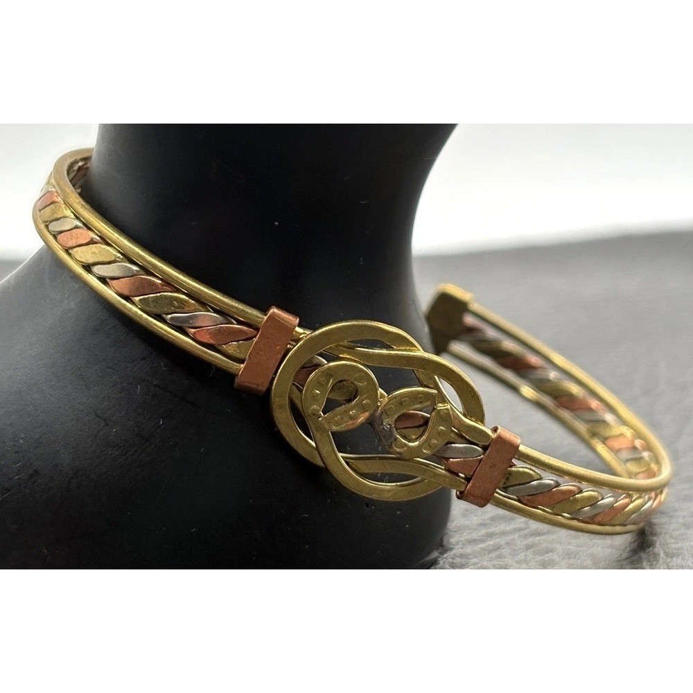 VTG Copper Brass Silver Tone Tri Cuff Bracelet Double Horseshoe Good Luck 7.25"